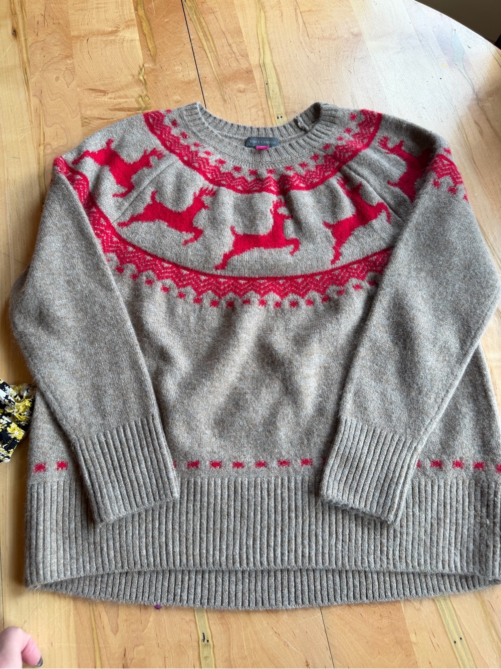 Vince Camuto Tan Crewneck Sweater with Red Reindeer Yoke